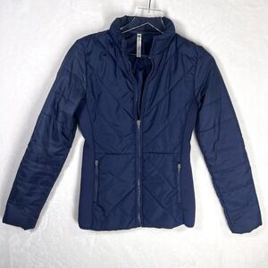 Fabletics XS Navy Blue Fitted Sport Puffer Jacket Coat Full Zip - Wrist Cuff Zip